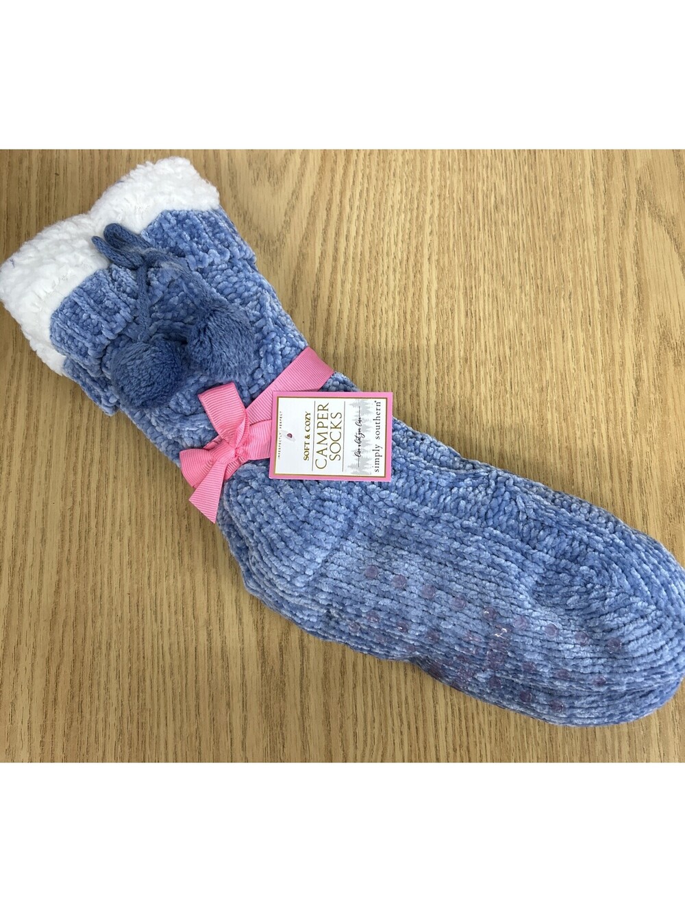 Simply Southern Camper Socks. Blue. Sherpa Lined. Gripper Slipper. NWT
